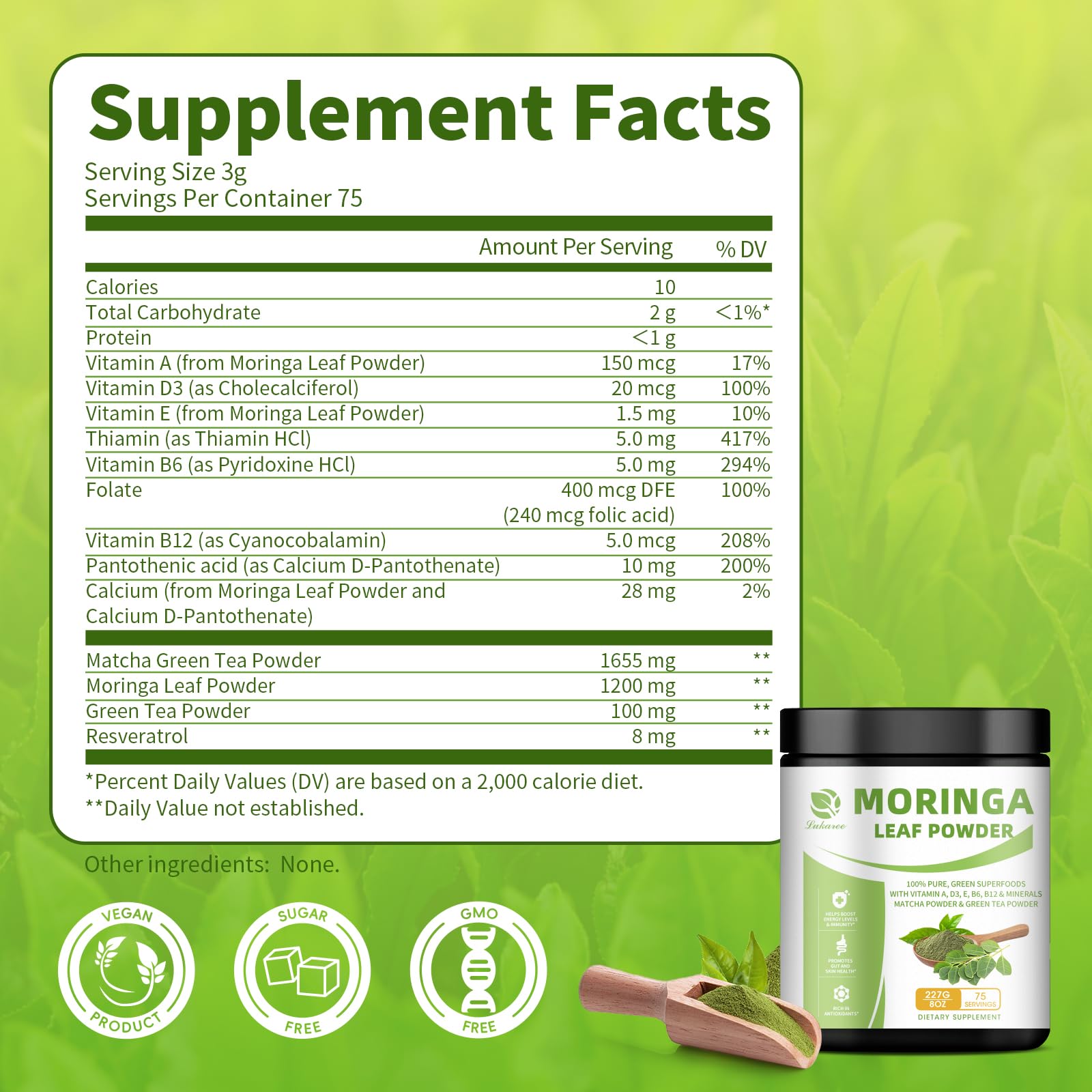 Lukaree Green Tea and Resveratrol mixture in bowl supports antioxidant intake.