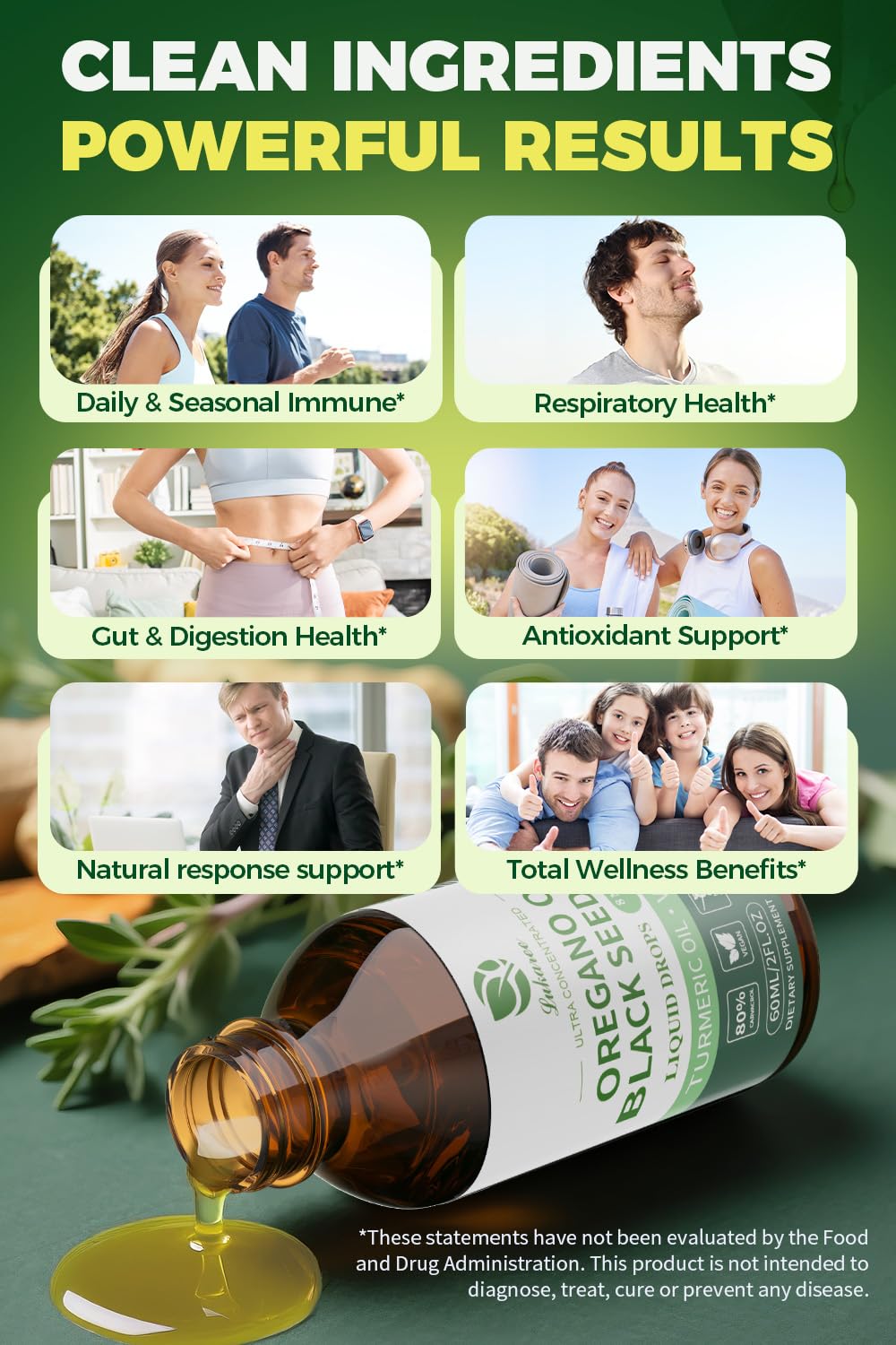 Lukaree 4-in-1 blend visual with oregano, black seed, turmeric and vitamin E.