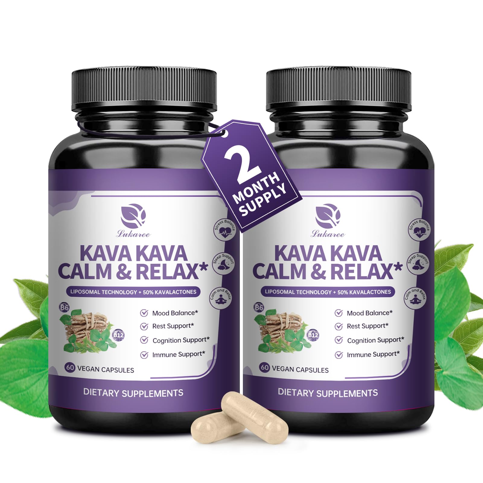 Lukaree Kava Capsules bottle for calm focus during busy days.