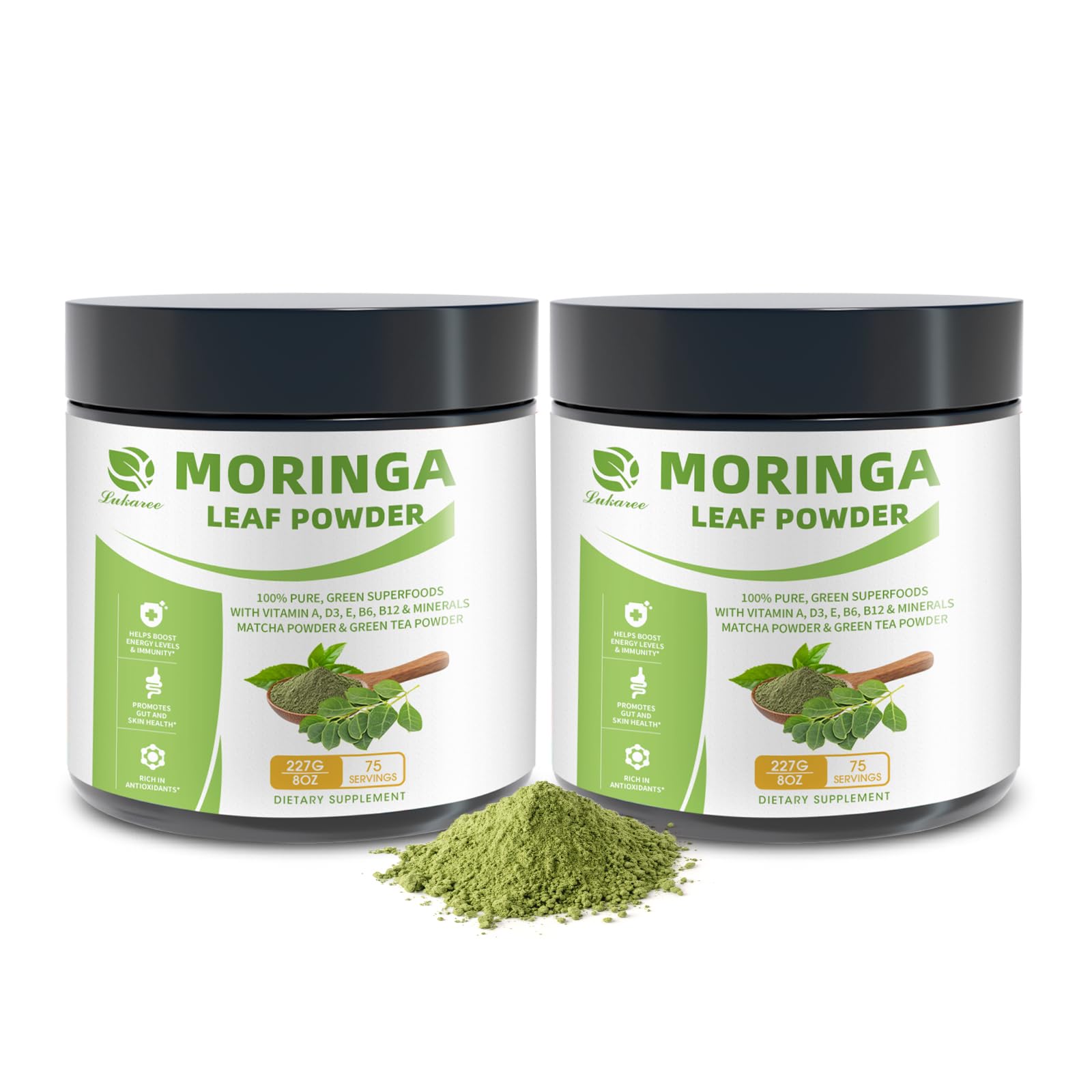 Lukaree Moringa and Matcha powder in bottle for steady daily energy.