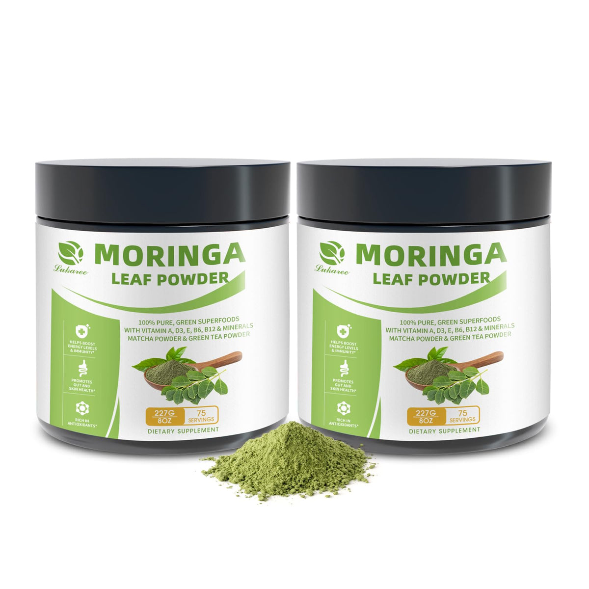 Lukaree Moringa and Matcha powder in bottle for steady daily energy.