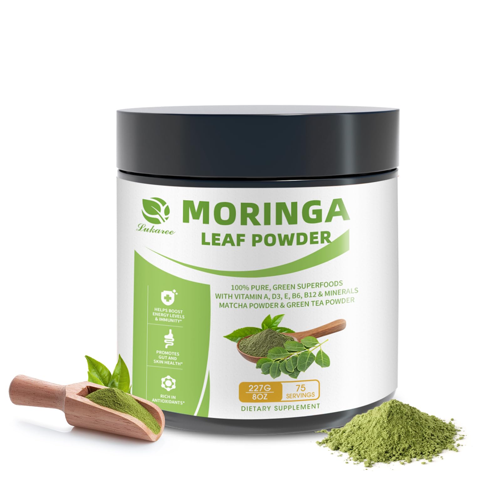 Lukaree Moringa Matcha Powder bottle for convenient daily energy and antioxidant support.
