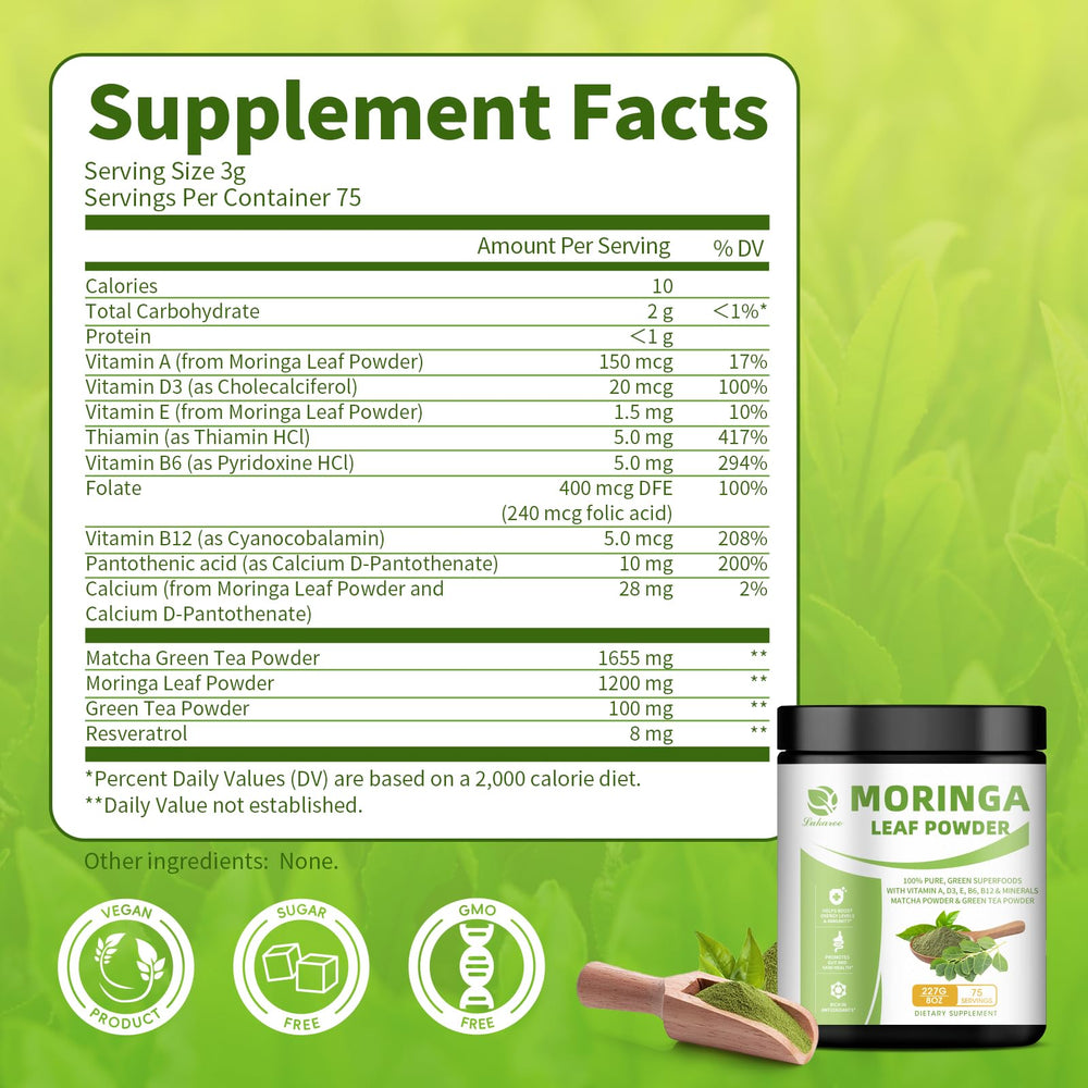Lukaree Moringa Matcha Powder close-up panel with natural ingredients and vibrant greens.