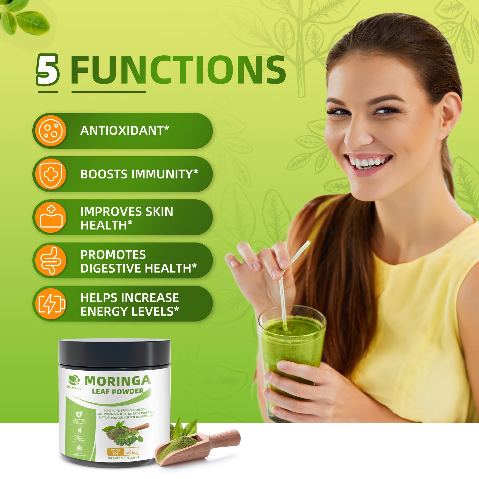 Lukaree Moringa Matcha Powder smoothie glass suggests versatile mixing and sustained energy.
