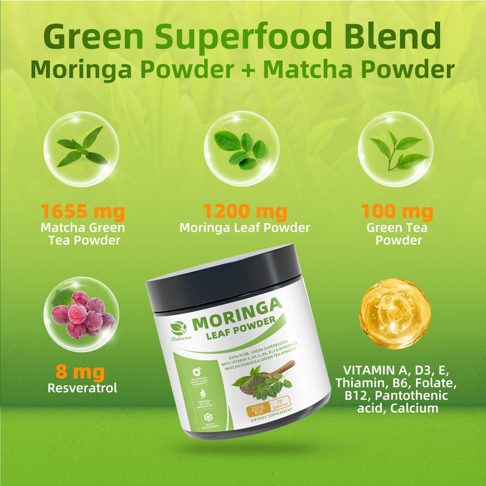 Lukaree Moringa and Matcha powder on a spoon for quick nutrition.
