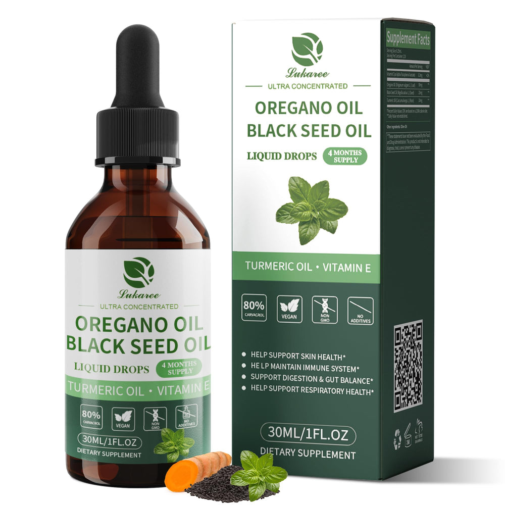 Lukaree oil of oregano with black seed bottle label closeup for daily immune support possibilities