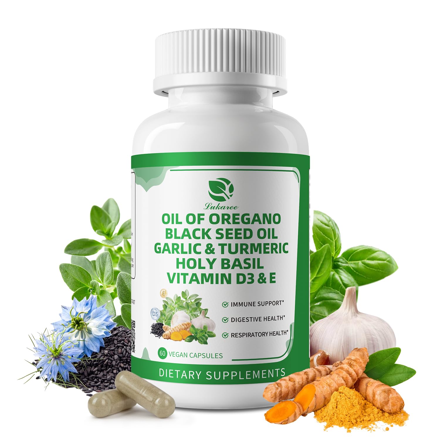Lukaree oregano capsules bottle front for daily immune and digestive support.