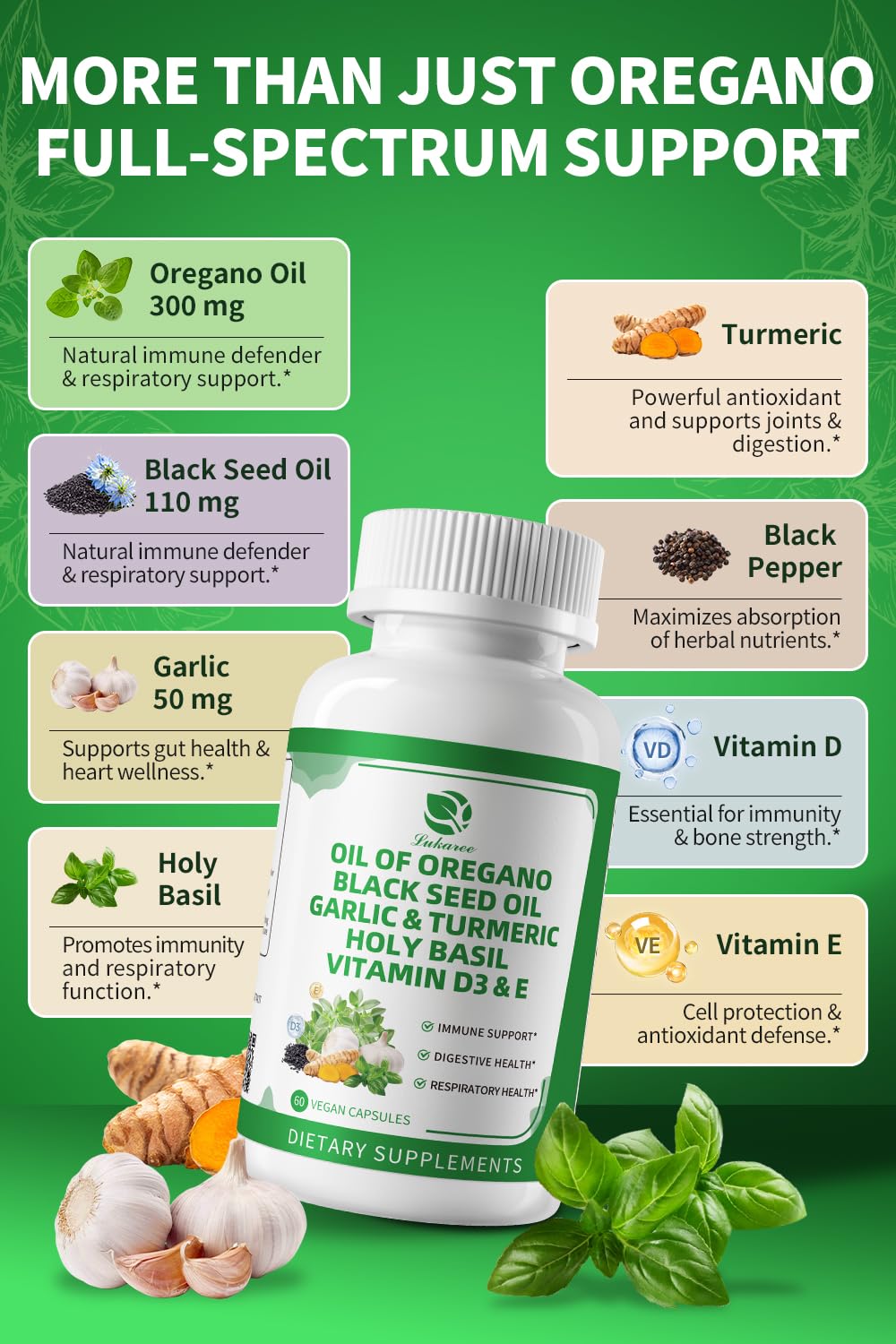 Lukaree oregano capsules bottle side highlights vegan, non-GMO formula.