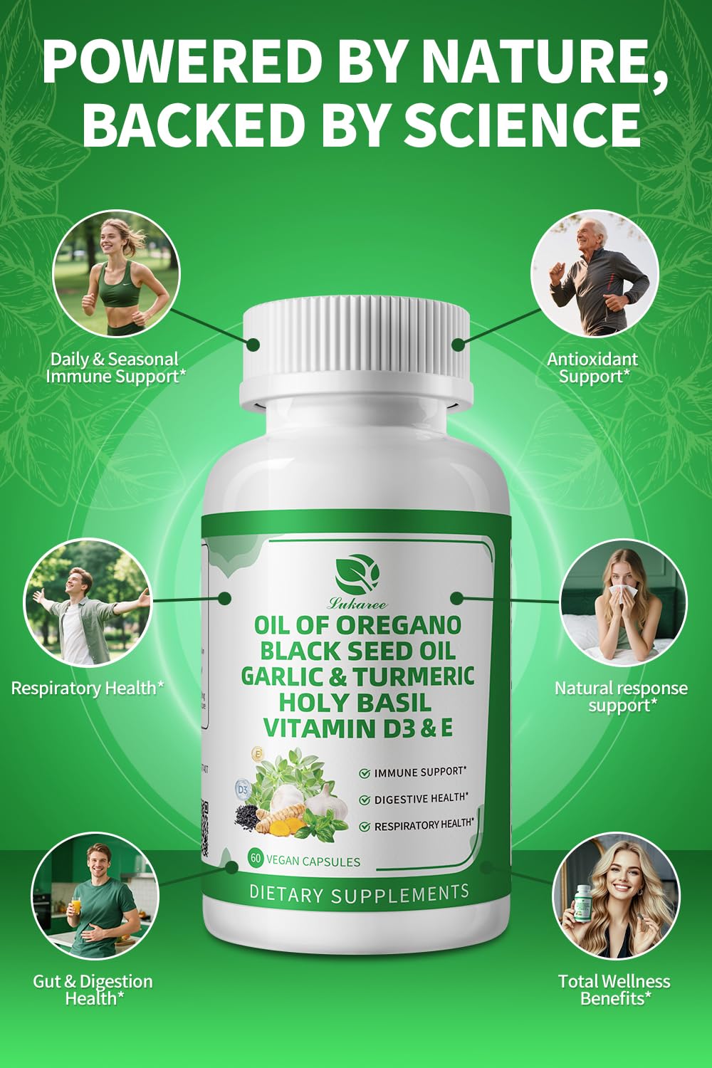Lukaree oregano capsules label closeup shows eight-ingredient blend.