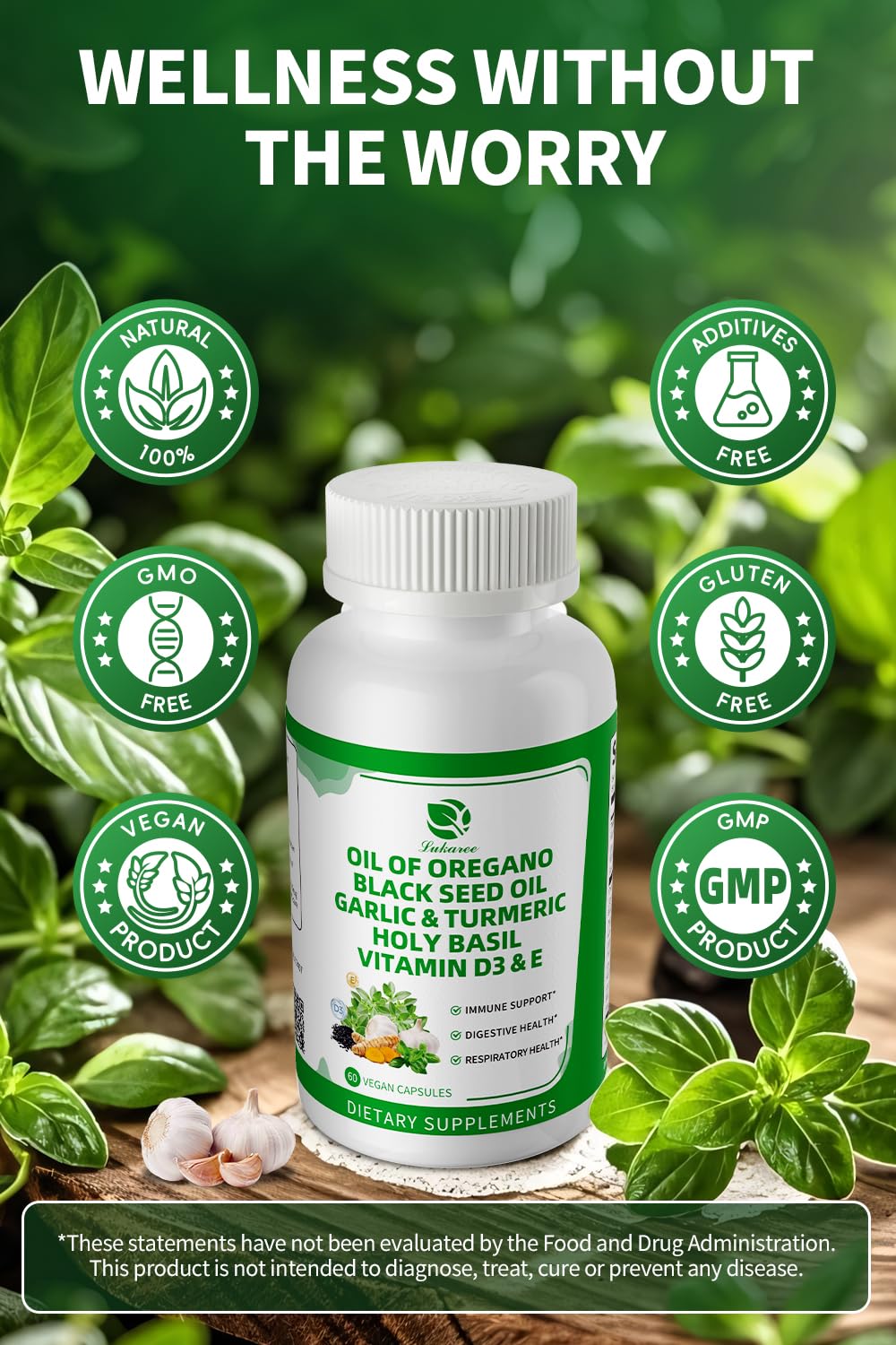 Lukaree oregano capsules on wooden surface in natural setting.