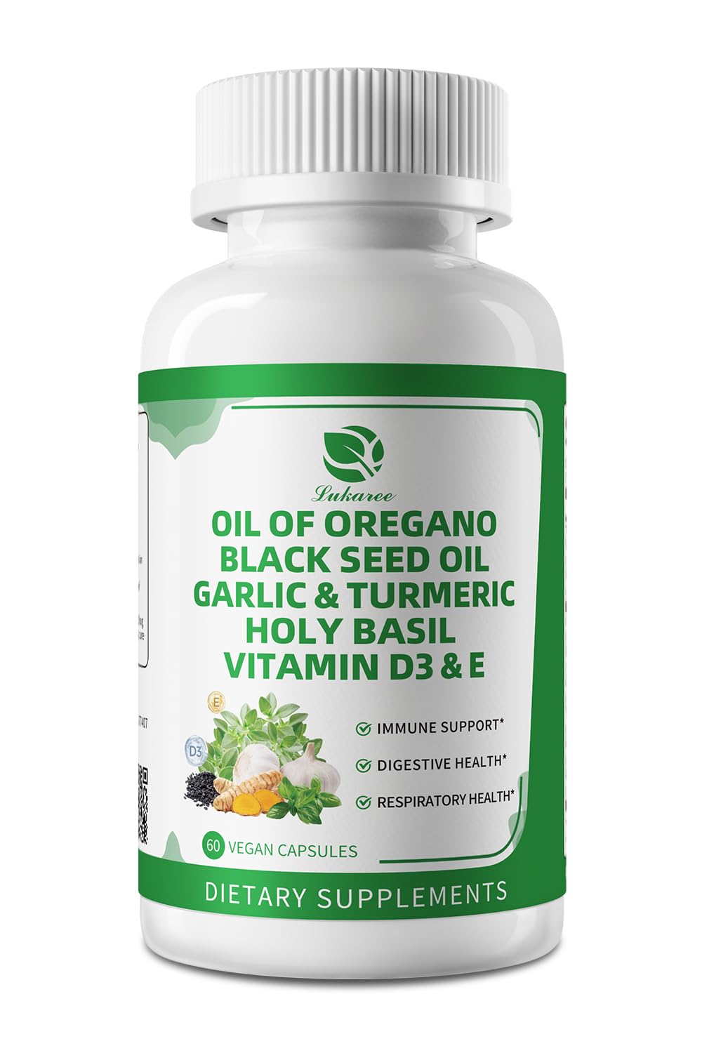 Lukaree oregano capsules vegan non-GMO icons emphasize clean ingredients.