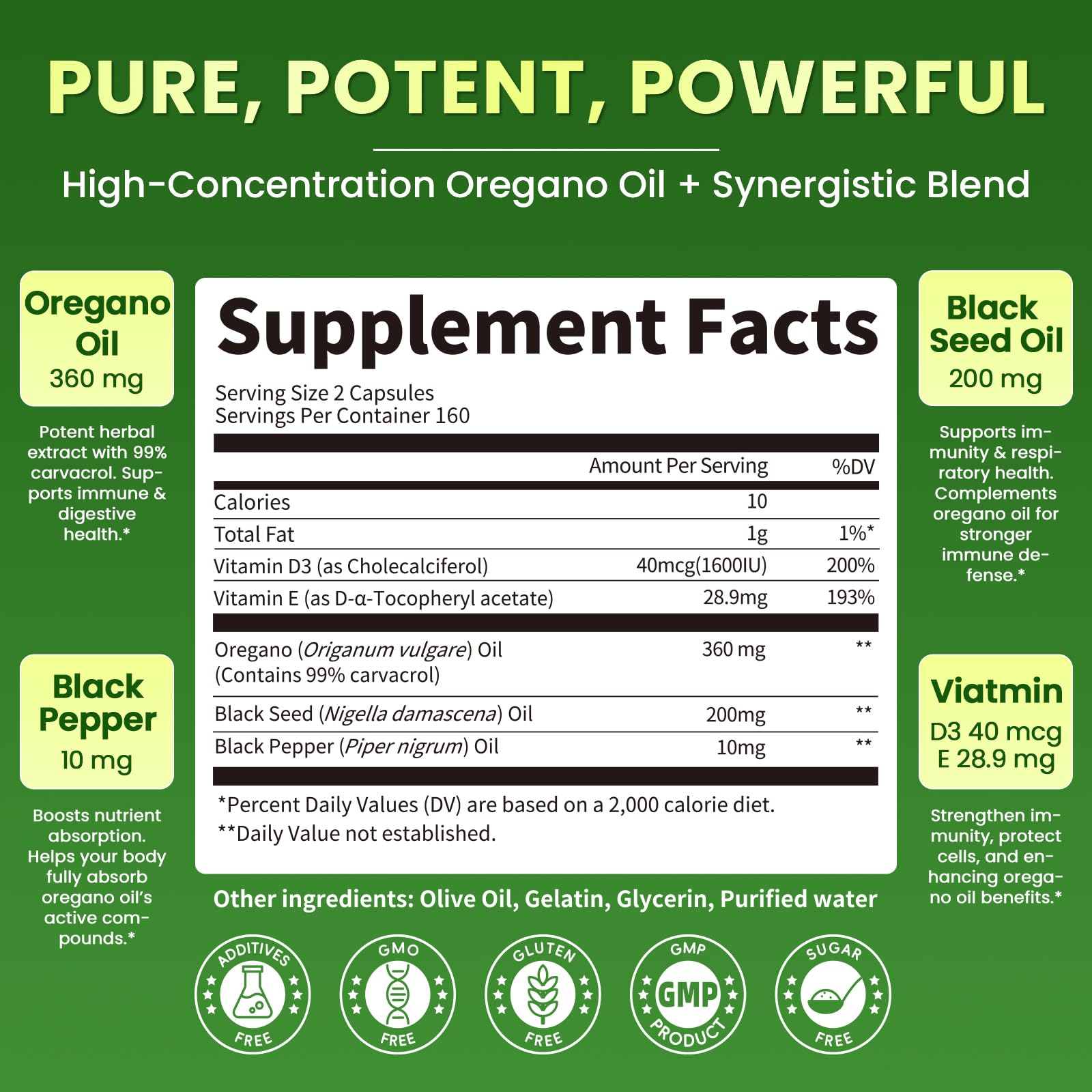 Lukaree bottle label highlighting clean, GMO-free oregano oil in a GMP-certified product.