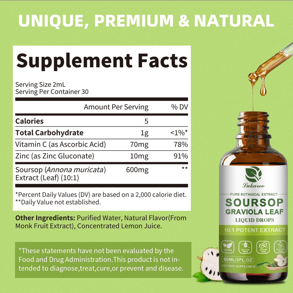 Lukaree Pure Soursop Leaves bottle on stand highlighting alcohol-free formulation