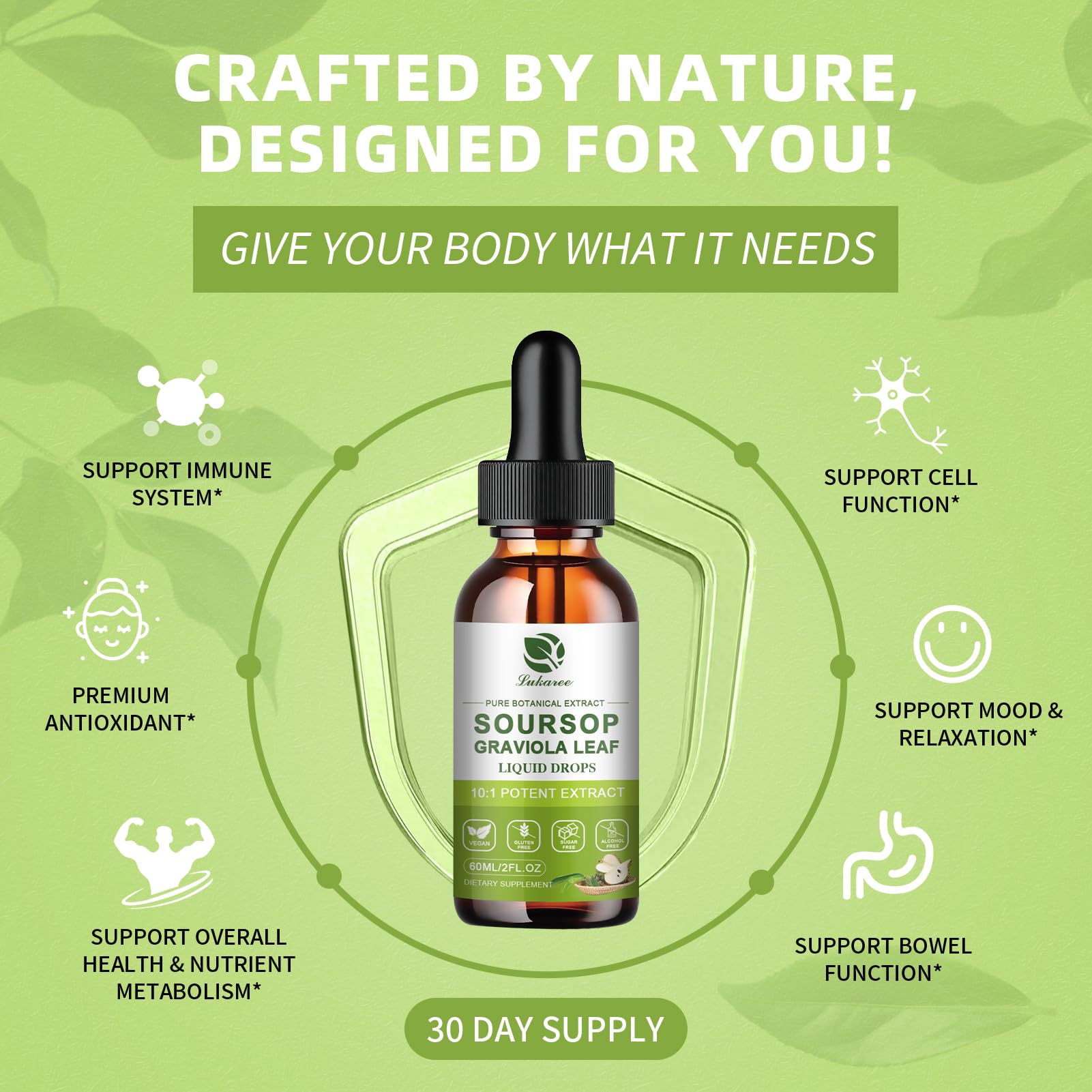 Lukaree Pure Soursop Leaves Drops applicator close-up showing easy daily use