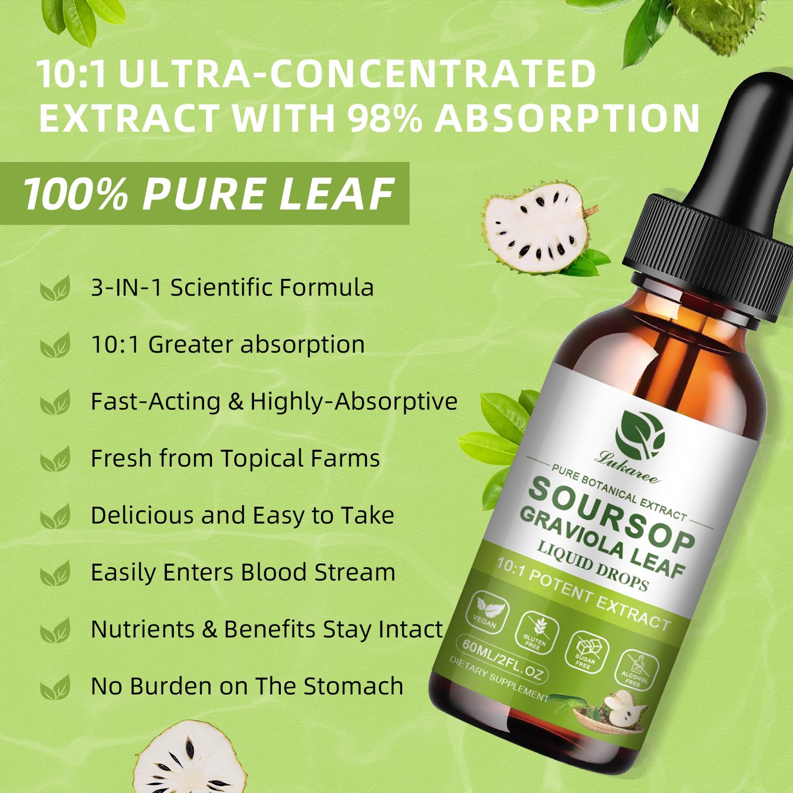 Lukaree Pure Soursop Leaves bottle at tropical farm emphasizing organic sourcing