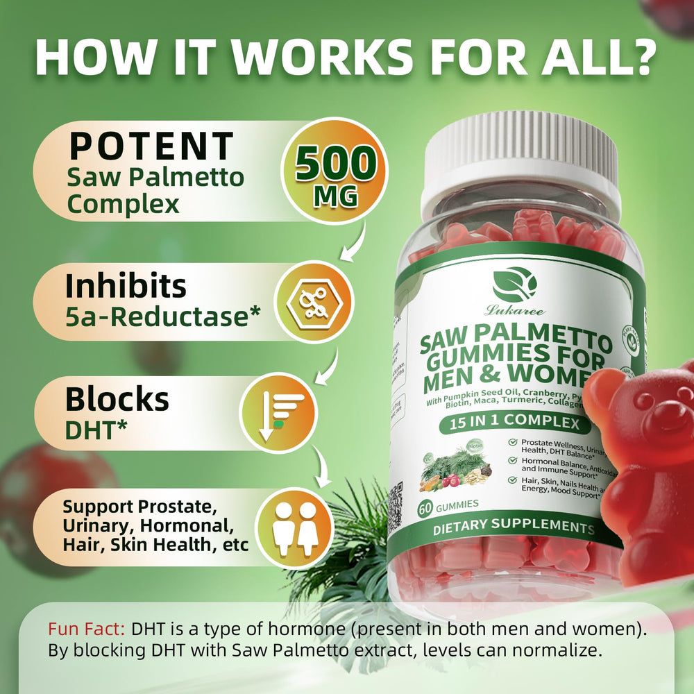 Lukaree Saw Palmetto gummies with pumpkin seed oil visible