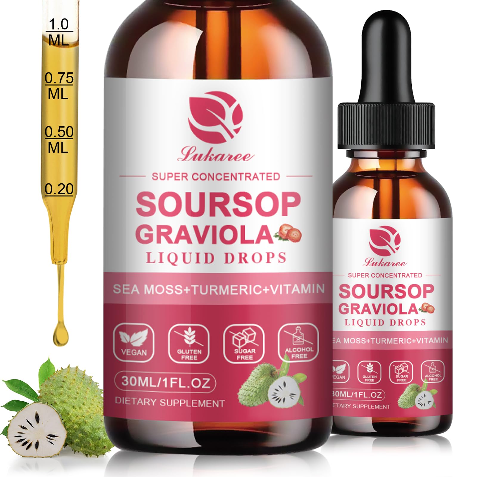 Lukaree Soursop liquid bottle shows 20X concentrate for daily wellness