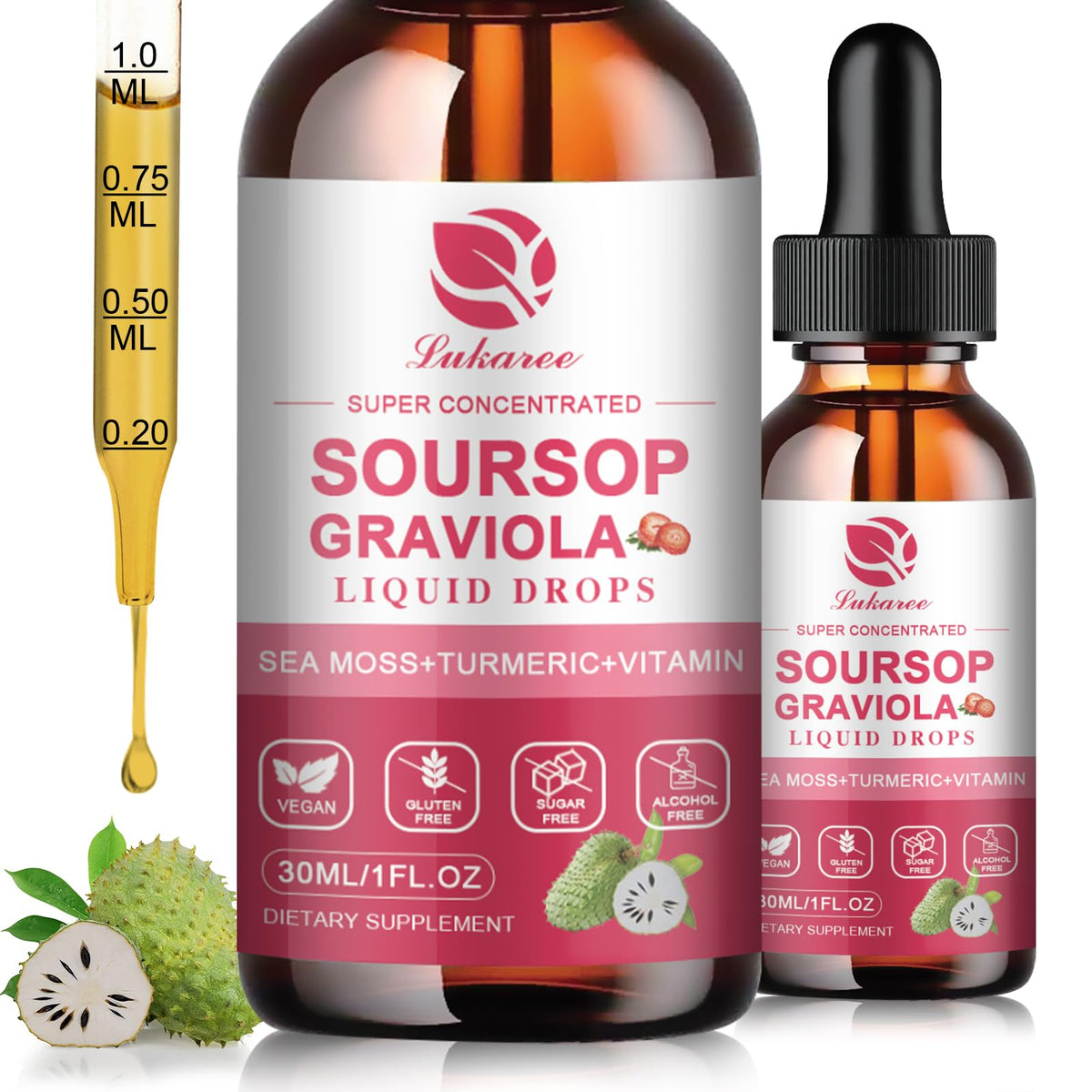 Lukaree Soursop liquid bottle shows 20X concentrate for daily wellness