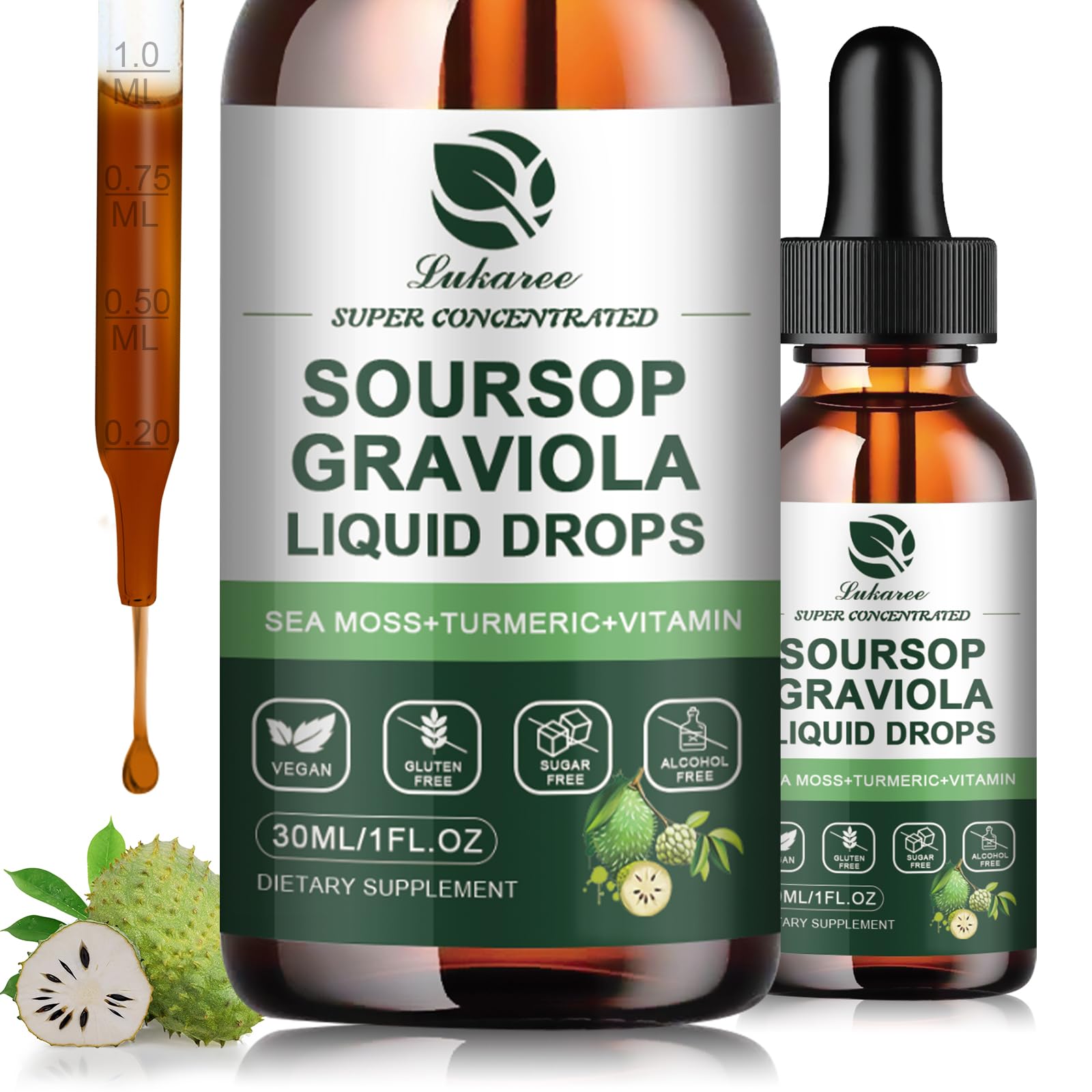 Lukaree Soursop liquid drop bottle 1oz for daily immune and digestion support.