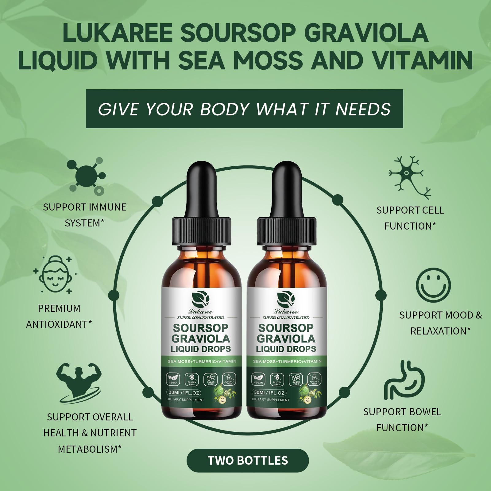 Lukaree Soursop drops dispensed into water for versatile daily intake.