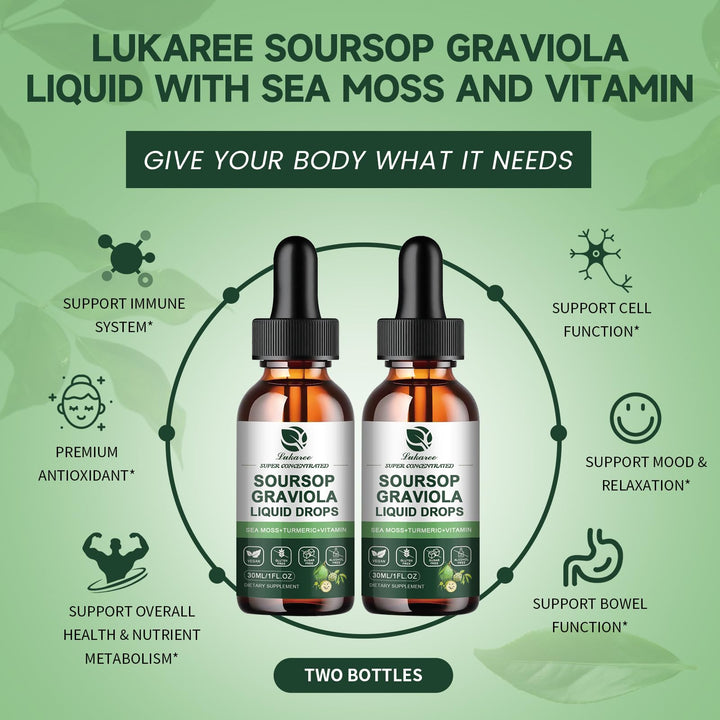 Lukaree Soursop drops dispensed into water for versatile daily intake.