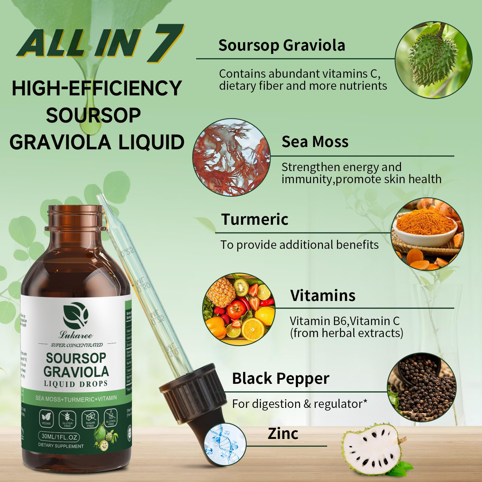 Lukaree Soursop liquid drops in hand show easy direct use and mixing.