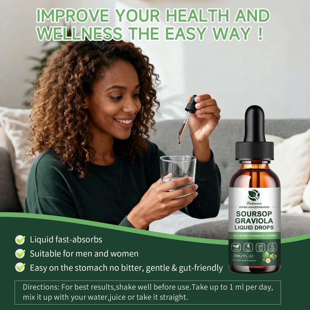 Lukaree Soursop liquid drop ingredients panel highlights the 7-ingredient blend.