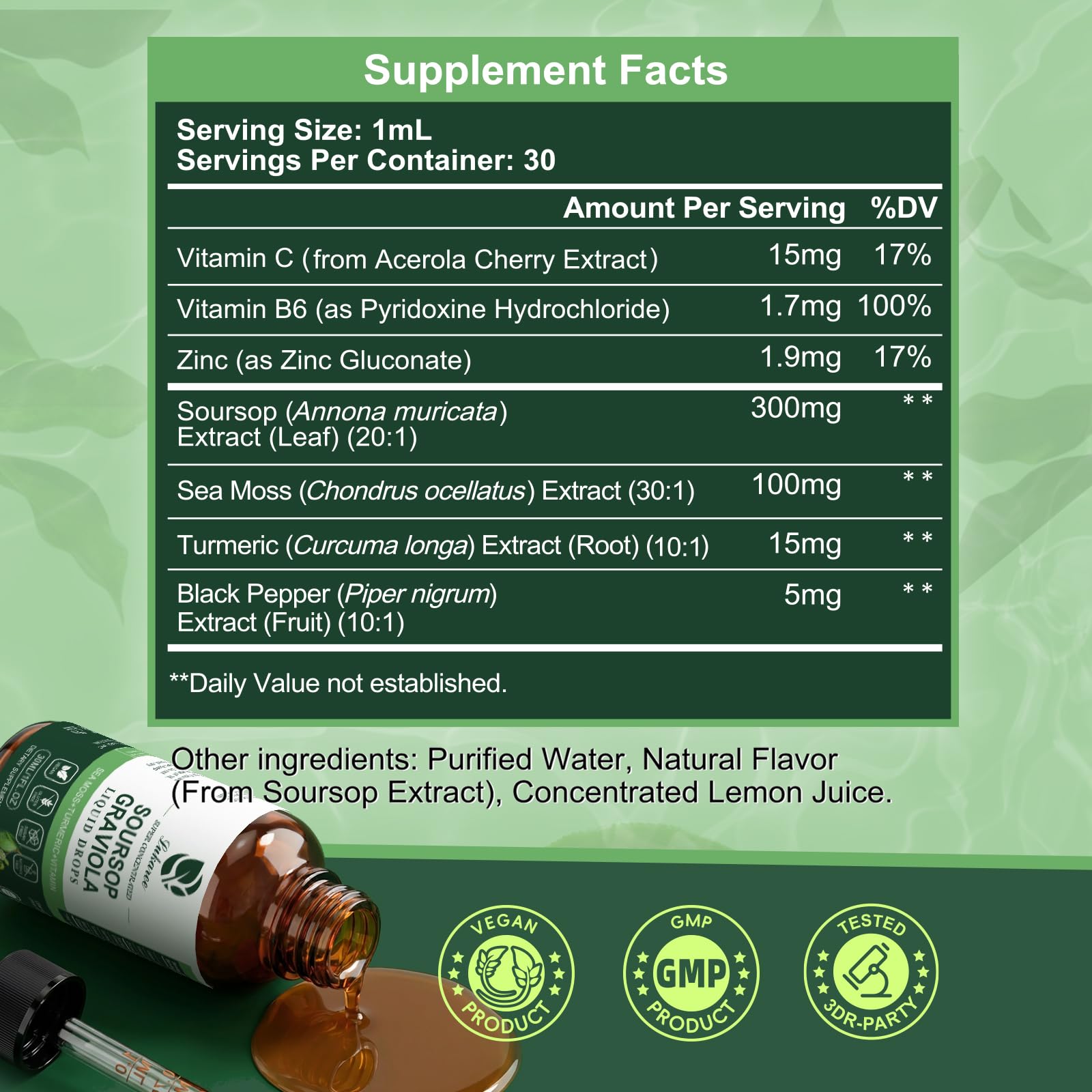 Lukaree Soursop liquid drops ready to use with water for daily wellness.