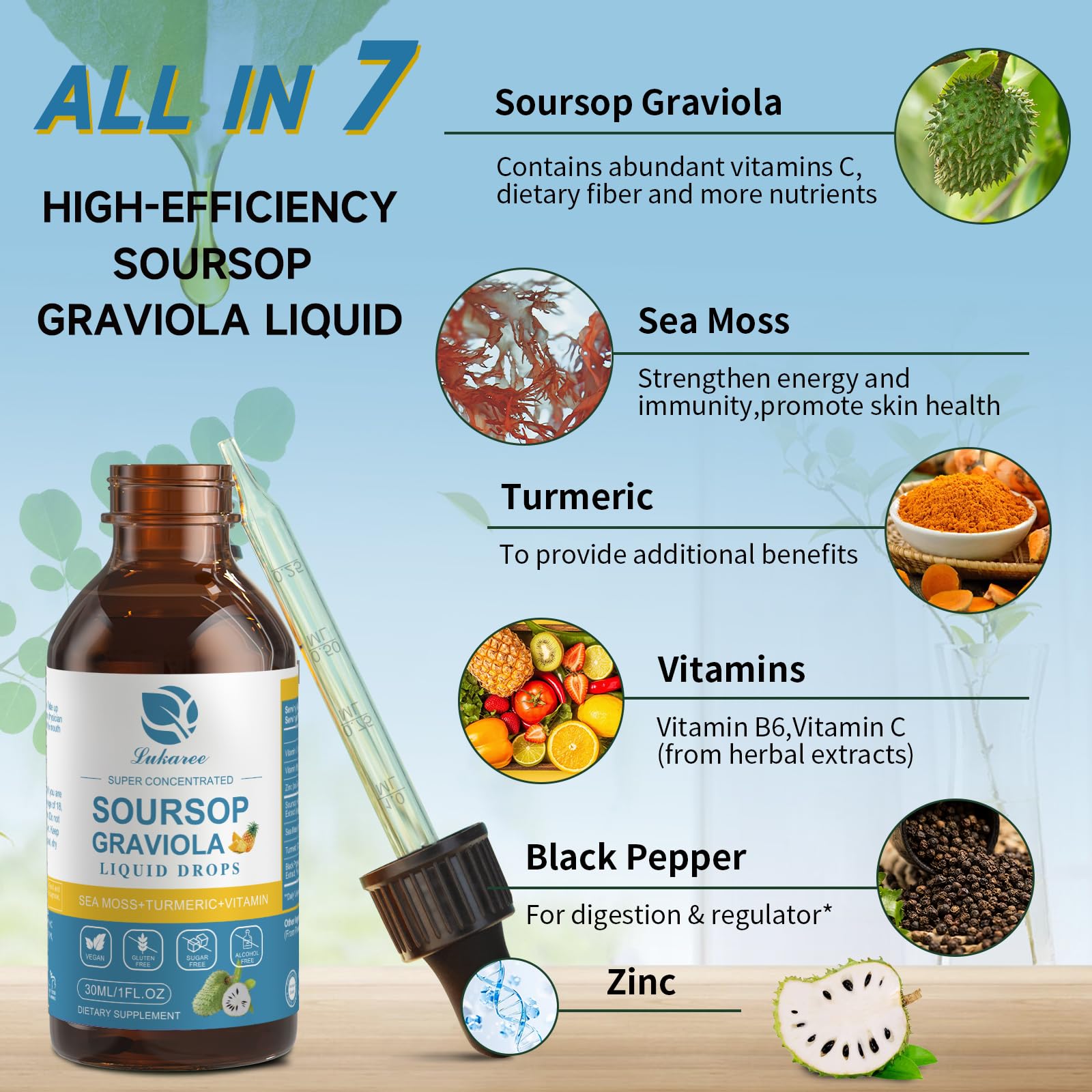 Lukaree soursop liquid drops bottle for convenient daily dosing.