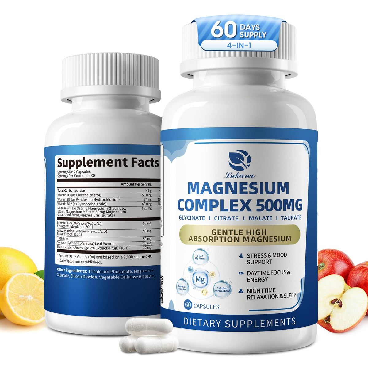 Lukaree two-pack magnesium bottle front for daily balance