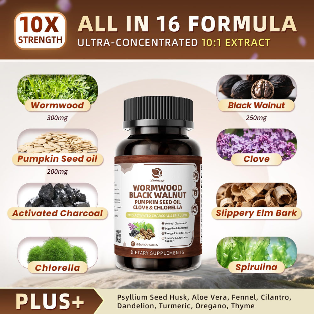 Lukaree Wormwood Black Walnut Cleanse capsules close-up highlighting vegan gut support.