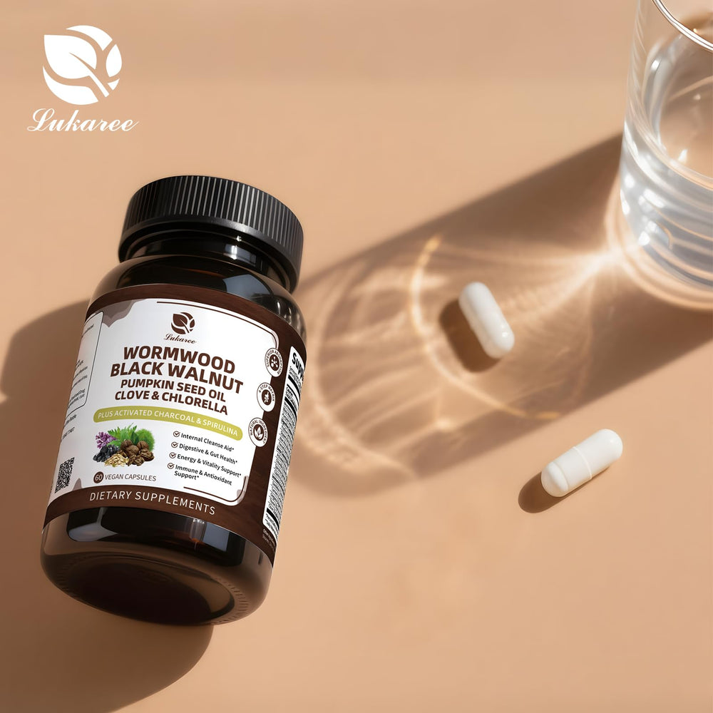 Lukaree Wormwood Black Walnut Cleanse glass bottle with capsules signaling premium wellness.