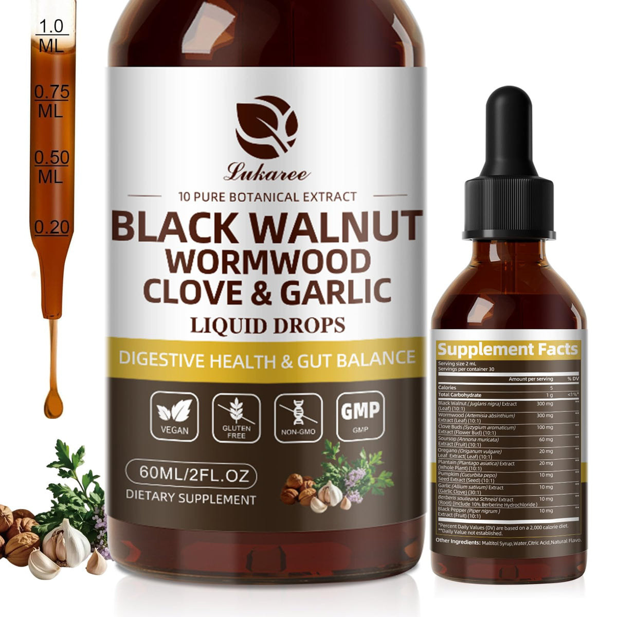 Lukaree Wormwood bottle closed, ready for on-the-go digestive support.