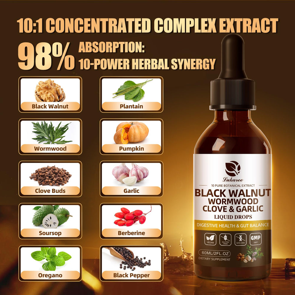 Lukaree Wormwood drops pour showcasing fast-acting liposomal formula.
