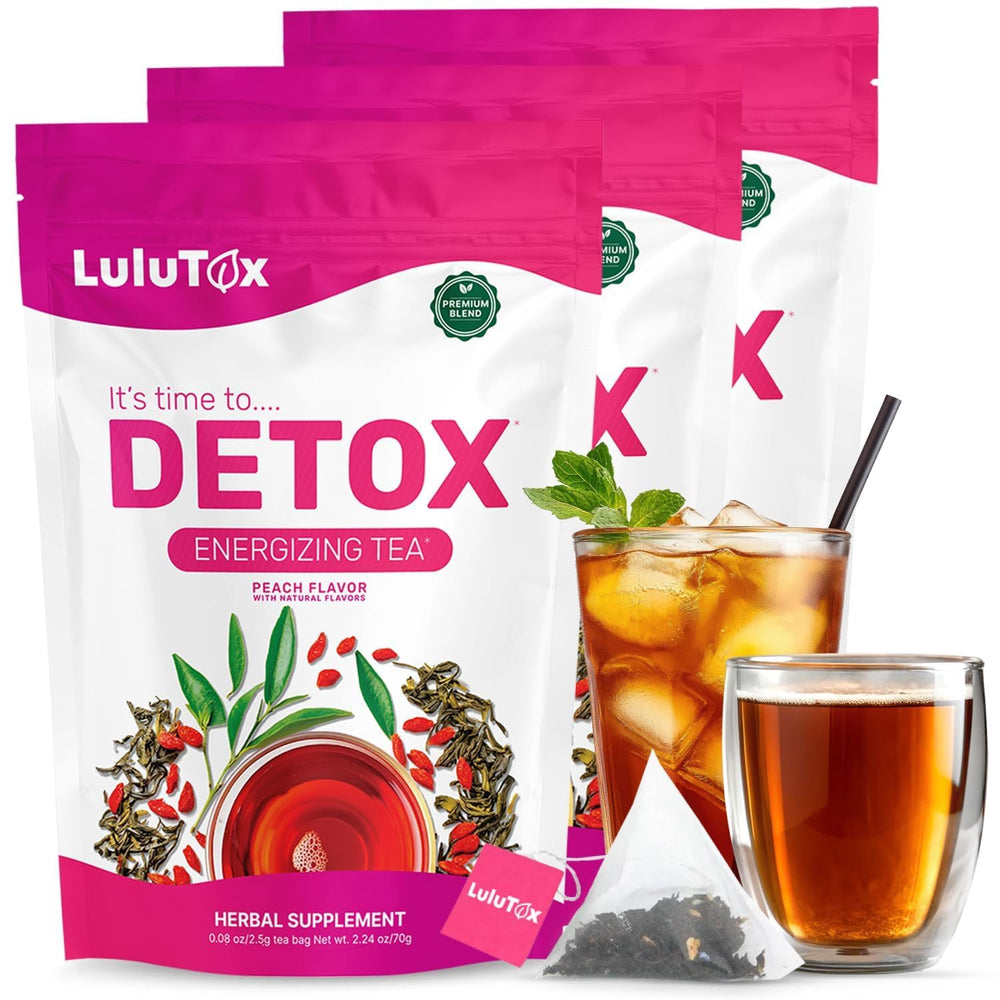 LULUTOX Detox Tea Peach bottle shows a vegan, caffeine-free wellness ritual for daily balance and gentle refreshment.