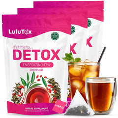 LULUTOX Detox Tea Peach bottle shows a vegan, caffeine-free wellness ritual for daily balance and gentle refreshment.