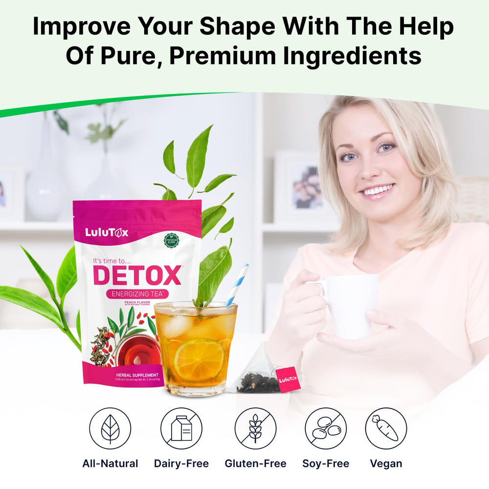 LULUTOX Detox Tea Peach dandelion close-up signals gentle detox-inspired herbal notes.