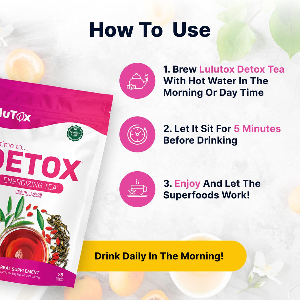 LULUTOX Detox Tea Peach packaging highlights dandelion and ginseng ingredients