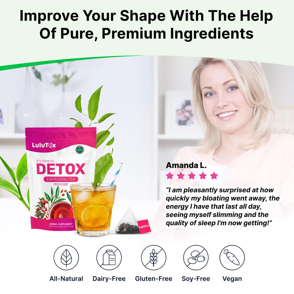 LULUTOX Detox Tea Peach teabag in kettle illustrates convenient infusion for busy days