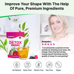LULUTOX Detox Tea Peach teabag in kettle illustrates convenient infusion for busy days