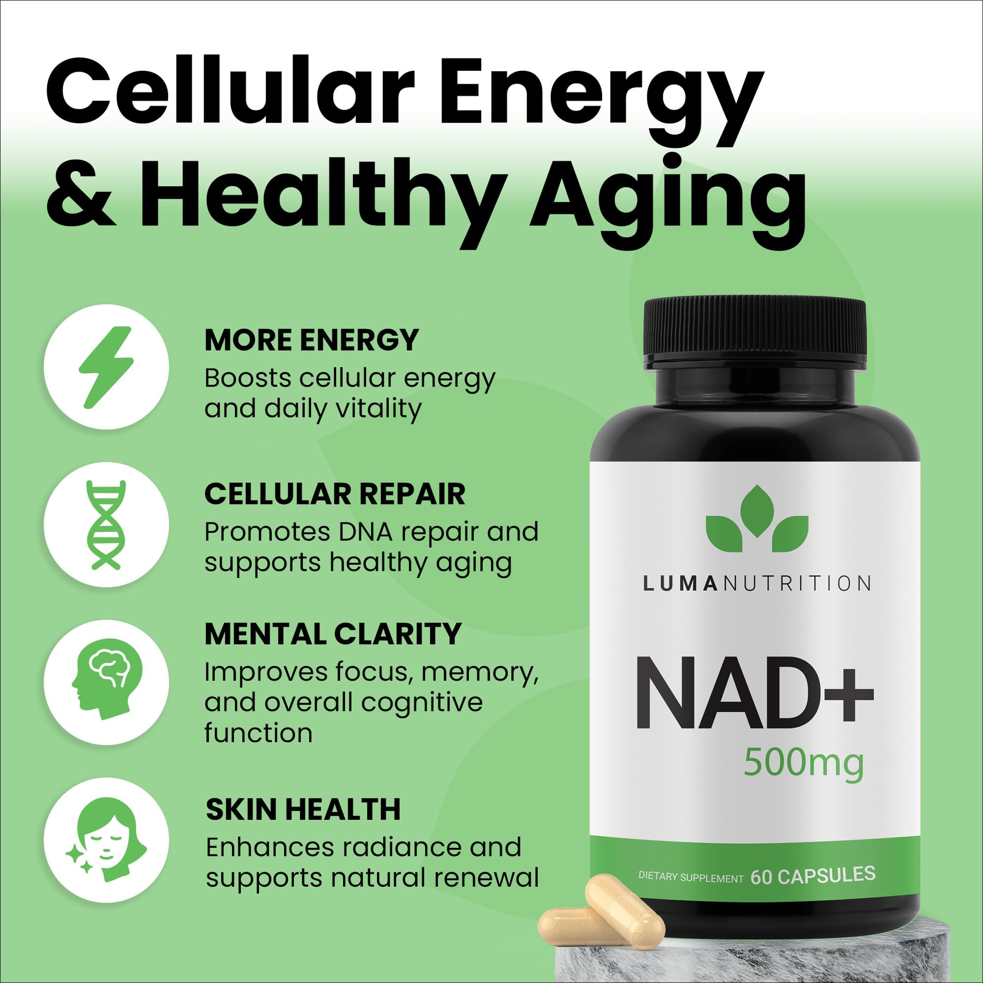 Luma NAD+ capsules closeup showcases smooth, easy-to-swallow daily capsules.