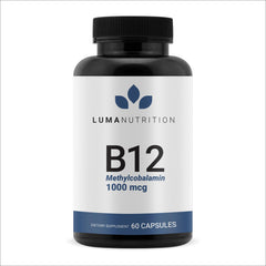 Luma Nutrition B12 1000mcg bottle illustrates energy support and daily wellness.