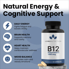Closeup of Luma Nutrition B12 capsules highlights high potency for metabolism and focus.