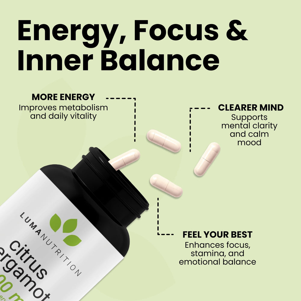 Luma Nutrition Citrus Bergamot 1000mg capsules closeup highlighting convenient intake.