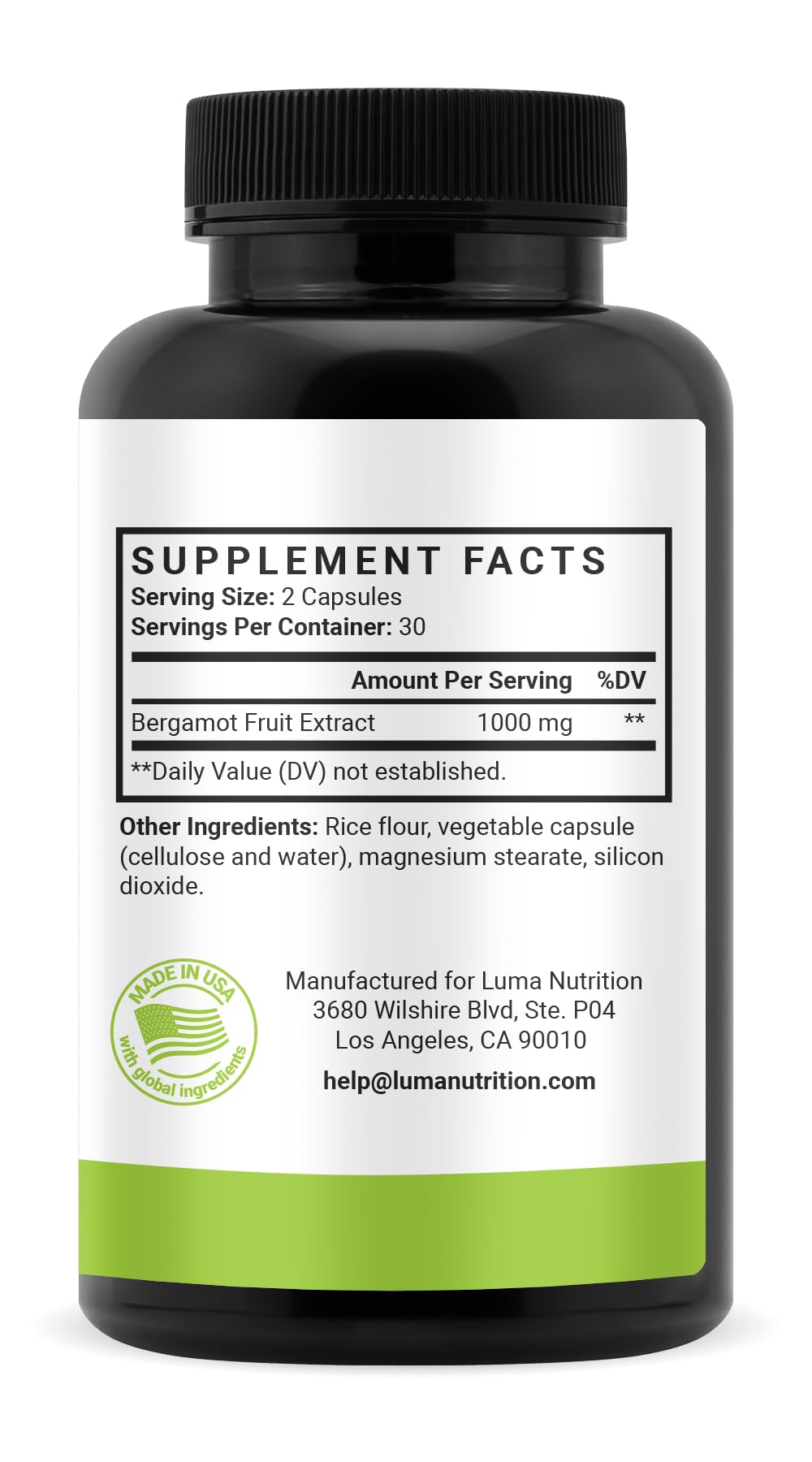 Luma Nutrition Citrus Bergamot 1000mg bottle in pantry suggests easy daily use.