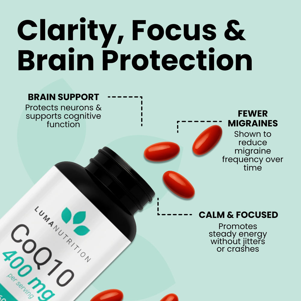 Luma Nutrition CoQ10 softgel cap shows easy-to-swallow design