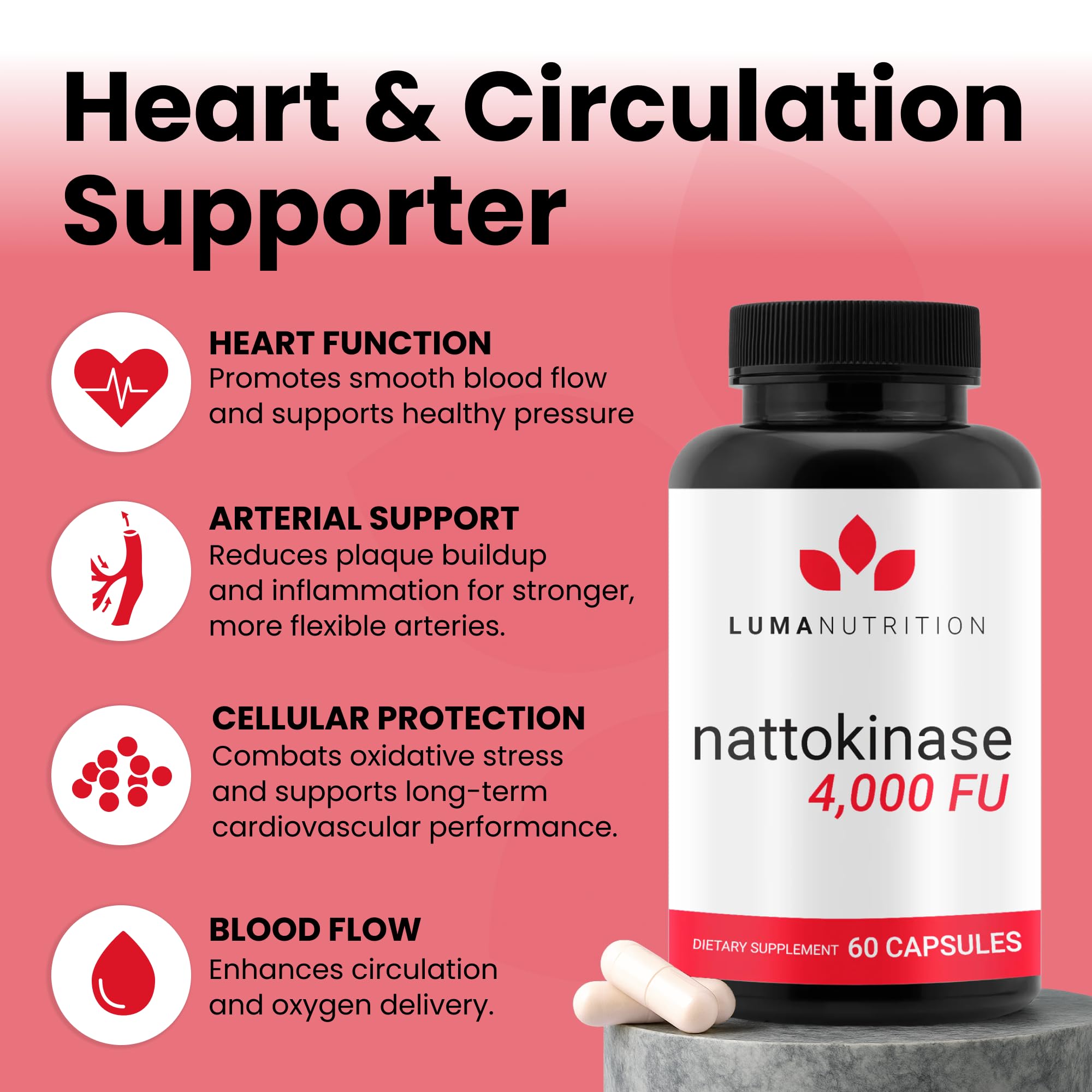 Luma Nutrition nattokinase capsules close-up emphasizes vegan and gluten-free formula.