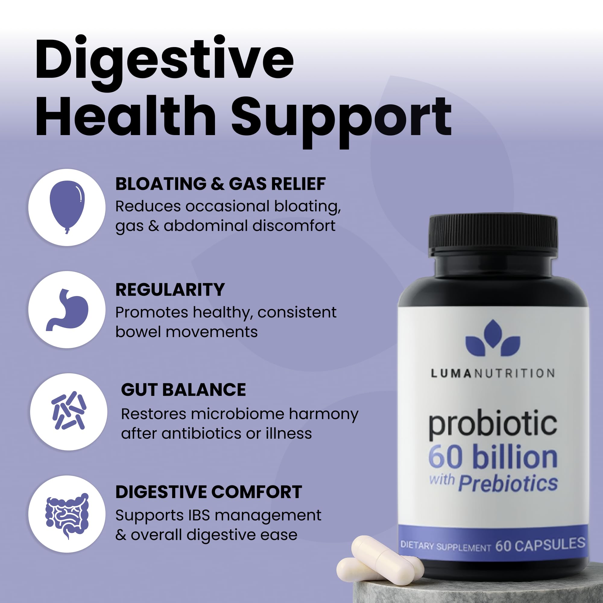 Luma Nutrition Probiotics 60 Billion capsules close-up showing daily capsules.