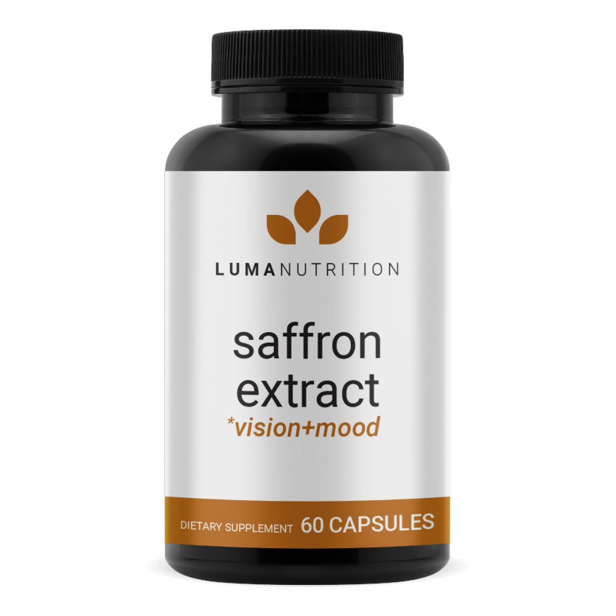 Luma Nutrition saffron extract bottle shows premium capsules for mood and eye support.