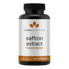 Luma Nutrition saffron extract bottle shows premium capsules for mood and eye support.